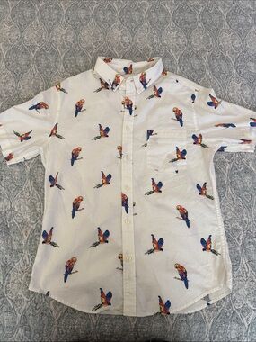 Men's White Short-Sleeve Button-Down Shirt with Parrot Print